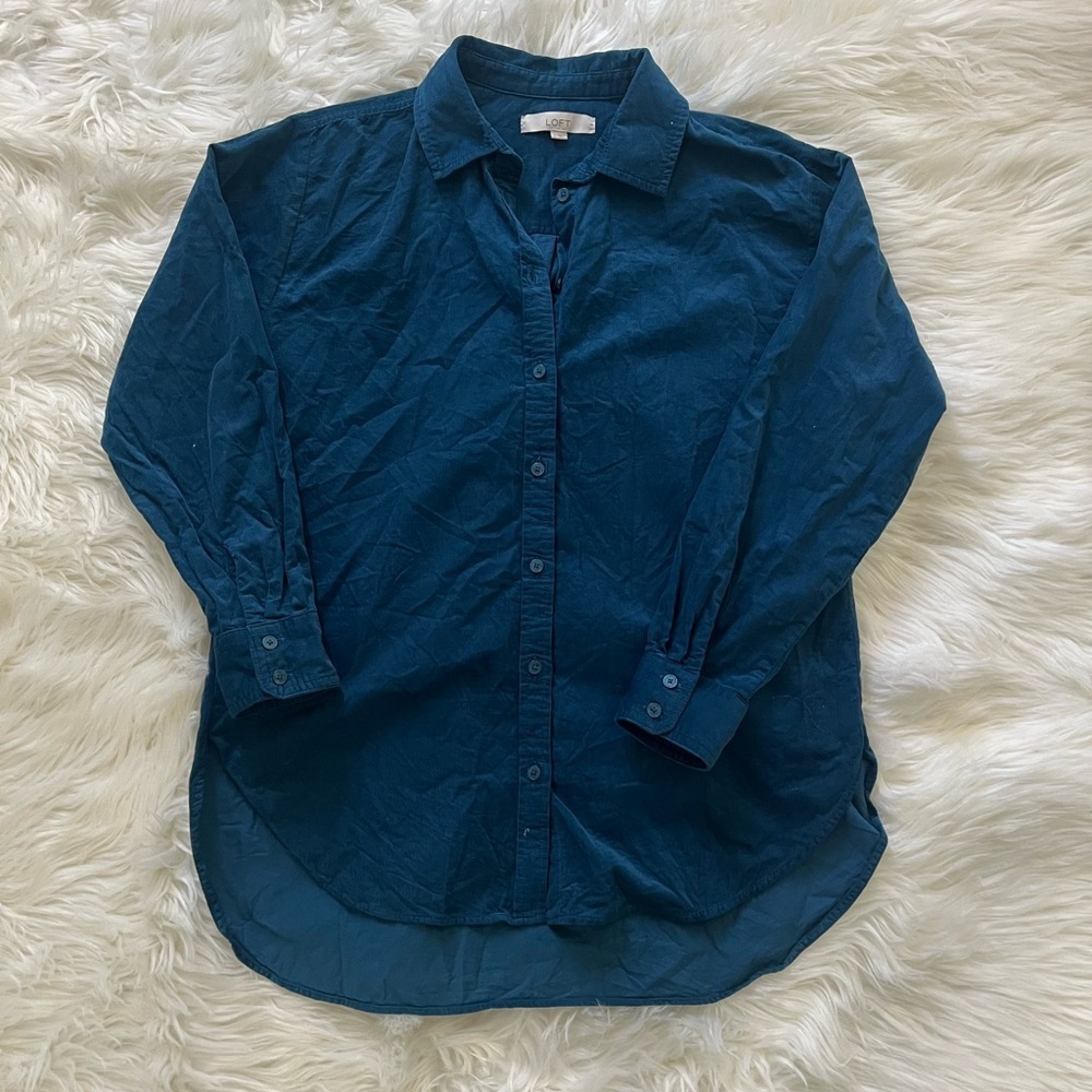 LOFT 100% Cotton Womens Blue Casual‎ Button Down Corduroy Shirt